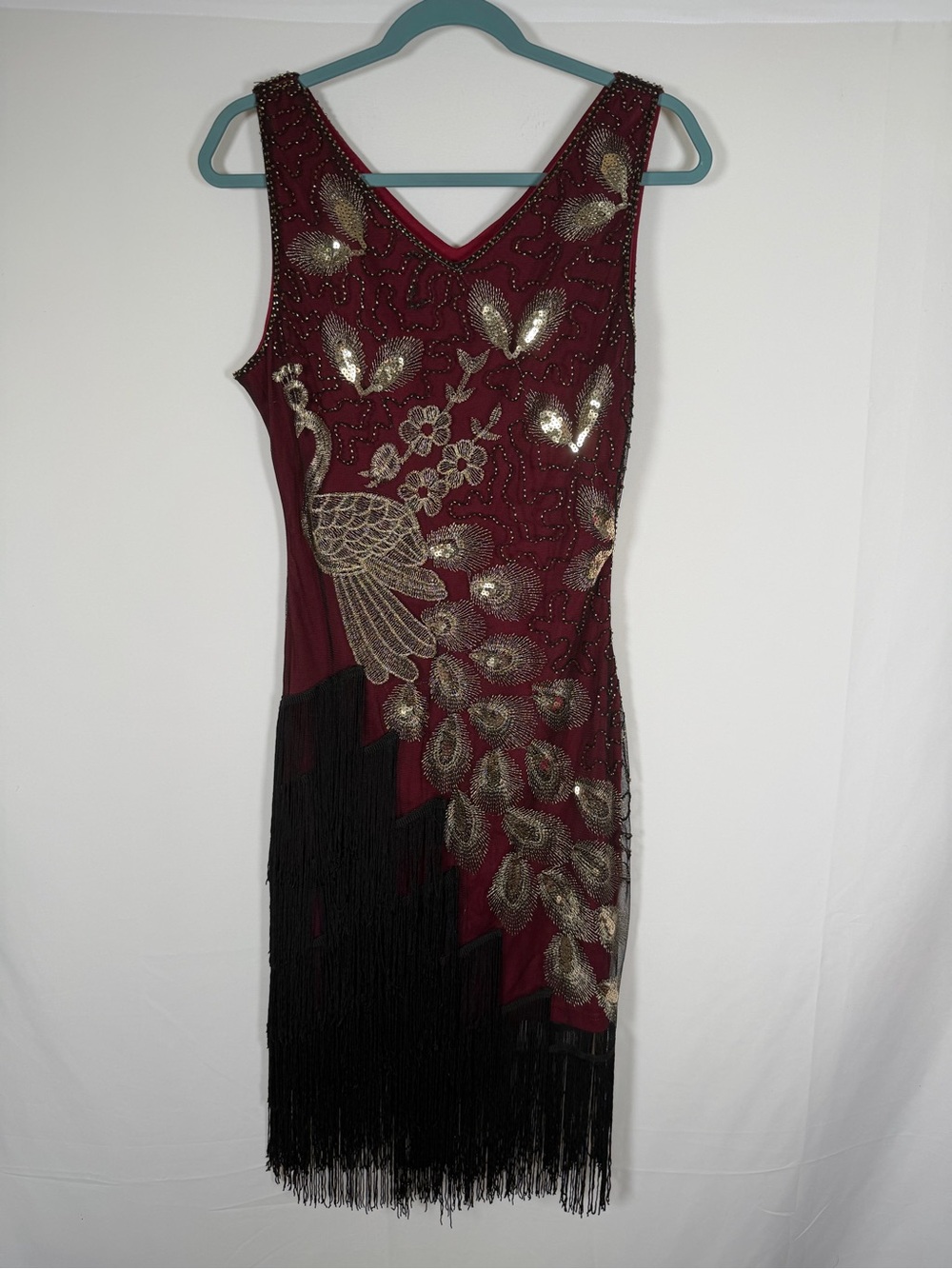 Embellished Burgundy Irregular Tassel Hem Peacock Dress - 20s inspired, Flapper